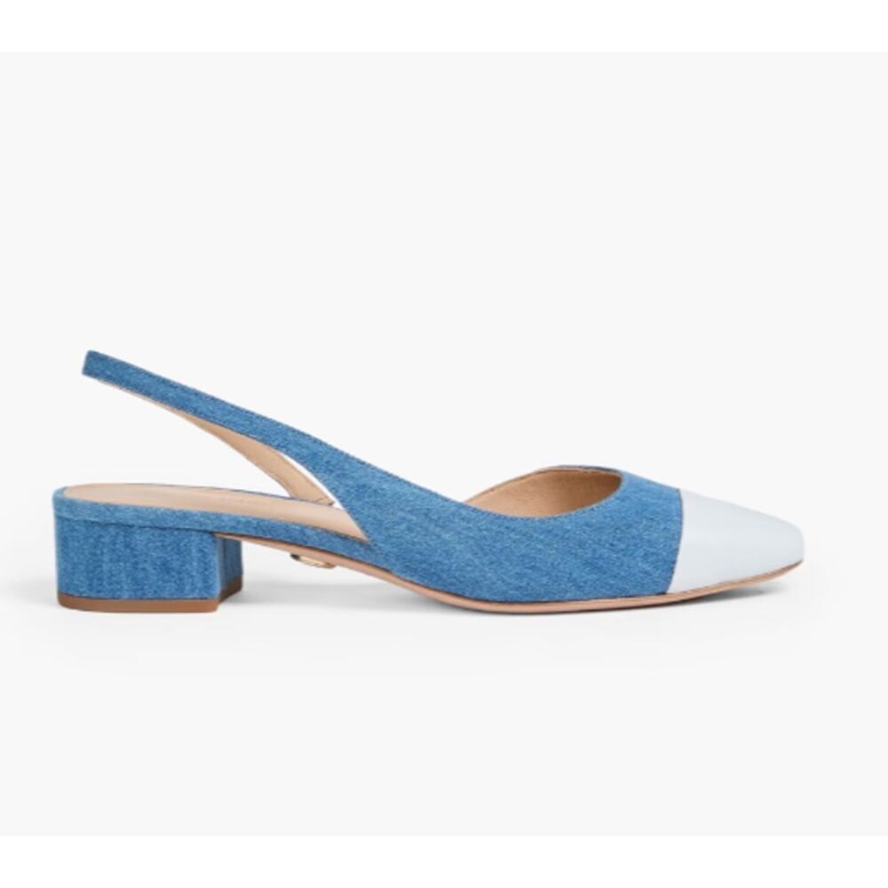 VERONICA BEARD Cecile leather-trimmed denim slingback flats Sandals 7 NIB 350 - Picture 9 of 15